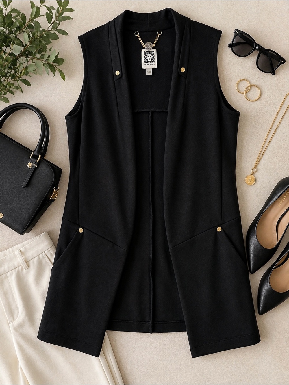 Anne Klein Black Longline Sleeveless Blazer Vest Gold Hardware Size S
